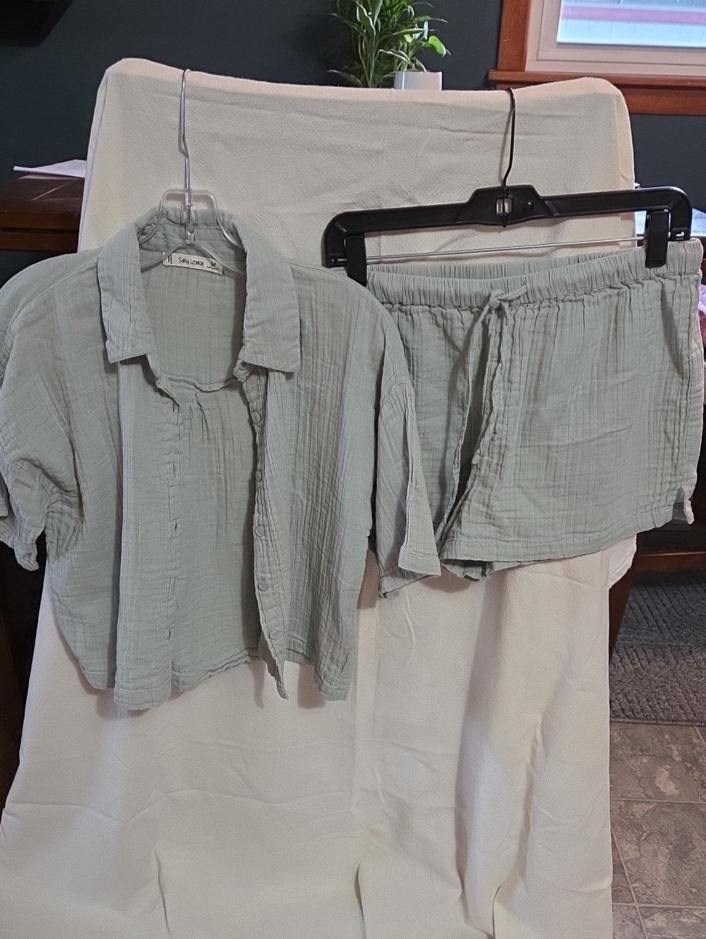 Women's Sage Green Cotton Gauze Button-Down Shirt & Shorts